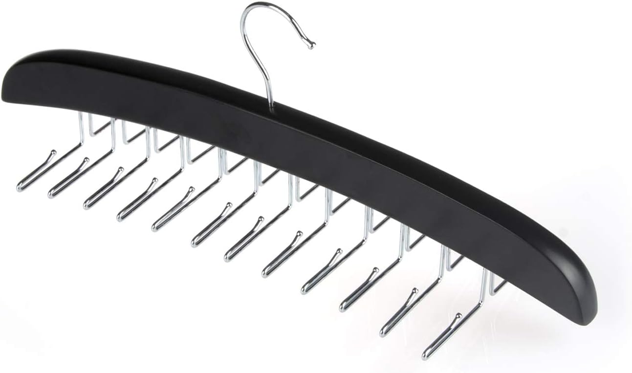 Wooden Tie Hanger,24 Tie Organizer Rack Hanger Holder Hook (Black, 24 Hooks)