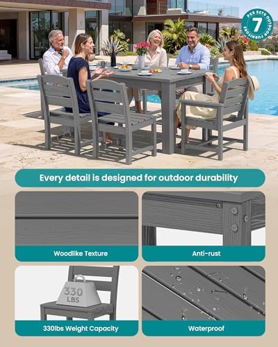 SERWALL 59" HDPE Outdoor Dining Set for 6, w/ 1 Table & 6 Chairs, Gray