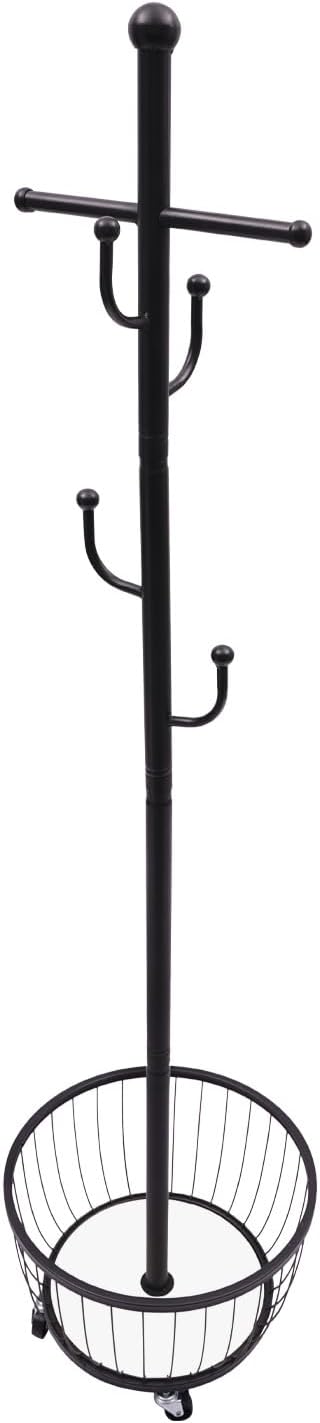 Floor Standing Coat Rack with Storage Basket and Wheels,Carbon Steel Hall Tree with 6 Hooks,Clothes Rack for Entryway,Bedroom,Black