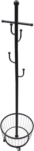 Floor Standing Coat Rack with Storage Basket and Wheels,Carbon Steel Hall Tree with 6 Hooks,Clothes Rack for Entryway,Bedroom,Black