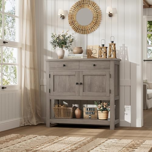 HOSTACK Farmhouse Console Table with Storage, 35"W Entryway Table, Ash Gray