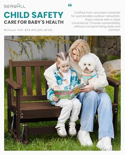 SERWALL 2 Person Patio Glider Bench, HDPE All Weather Swinging Bench, Brown