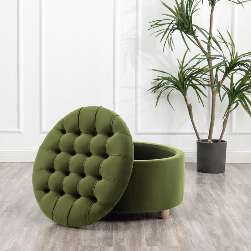 Niche Knight 28-Inch Large Round Pintucked Storage Ottoman with Lift-Off Lid,...