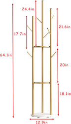 DOORXIFO Metal Gold Coat Racks Freestanding, Coat Hanger Stand, Hall Tree Rack for Hanging Hats, Scarves, Bags, Modern Coat Rack with Double Shelves, Corner Coat Rack, 9 Hooks, Gold