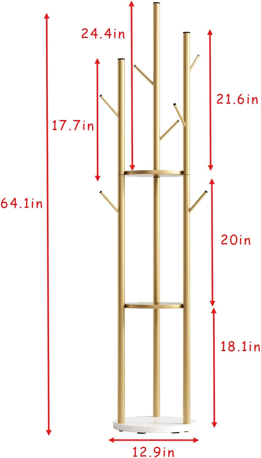 DOORXIFO Metal Gold Coat Racks Freestanding, Coat Hanger Stand, Hall Tree Rack for Hanging Hats, Scarves, Bags, Modern Coat Rack with Double Shelves, Corner Coat Rack, 9 Hooks, Gold