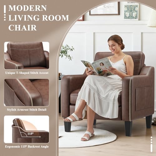 MALOL PU Leather Accent Chair Set of 2, Mid-Century Modern Living Room Armcha...