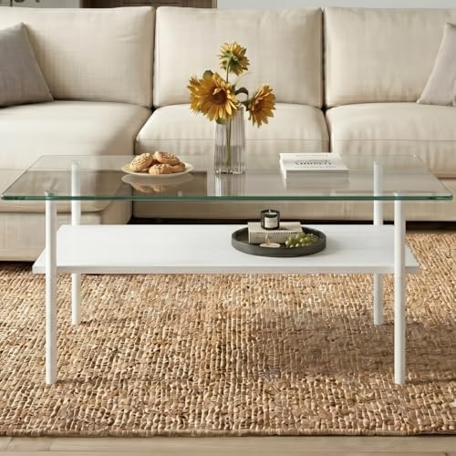 IANIYA Glass Coffee Table Modern Center Table, Coffee Table for Living Room, Tempered Glass-top with Sturdy Metal Frame, Easy Assembly, White