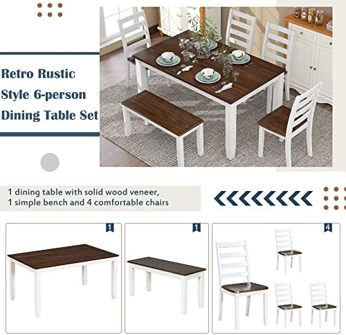 LUMISOL 6-Piece Farmhouse Dining Table Set for 6-7, Solid Wood Kitchen Table ...