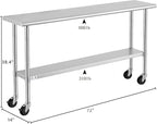 ROCKPOINT Stainless Steel Table for Prep & Work with Caster Wheels 14x72 Inches, NSF Metal Commercial Kitchen Heavy Duty Table with Adjustable Under Shelf and Table Foot for Restaurant, Home and Hotel
