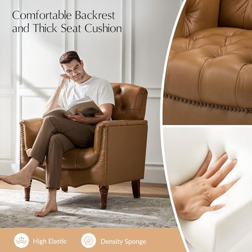 HULALA HOME Mid Century Modern Genuine Leather Accent Chair Set of 2, Camel |...