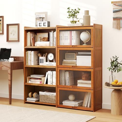 GIANTEX 4-Tier Bookcase with Clear Doors, 55" Bamboo Bookshelf with Flip...