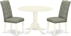 East West Furniture DLEL3-WHI-07 3 Piece Modern Dining Table Set Contains a Round Wooden Table with Dropleaf and 2 Gray Linen Fabric Parson Dining Room Chairs, 42x42 Inch, Linen White