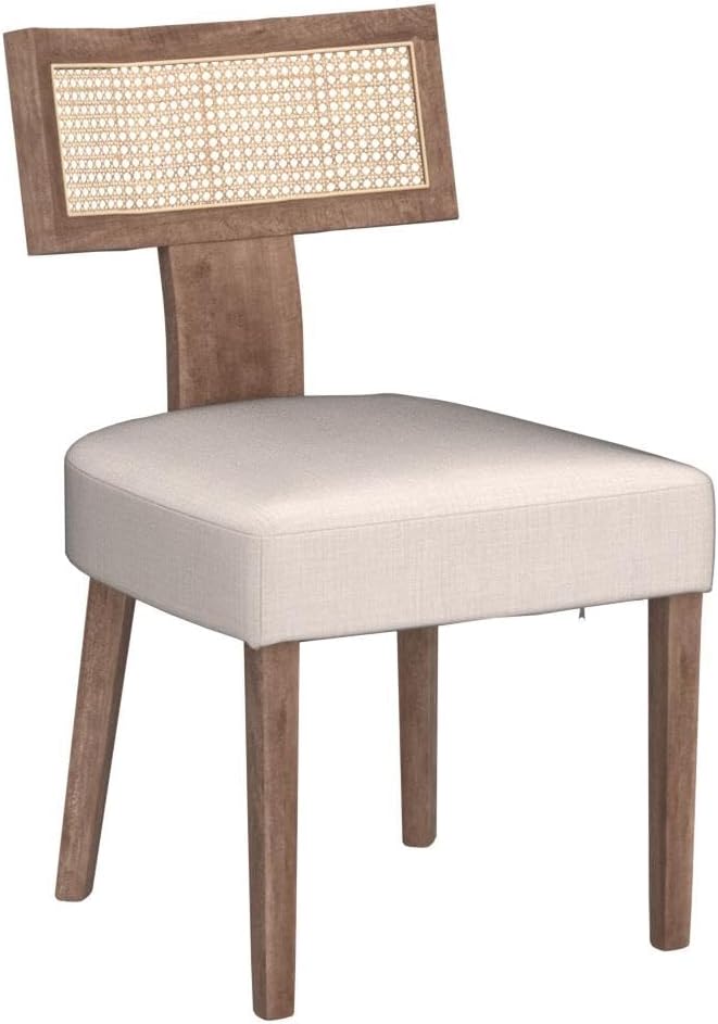 HNY Mid Century Modern Rattan Dining Chairs Set of 6, Farmhouse Linen Upholstered Accent Chair Curved Backrest Kitchen Chairs, with Hardwood Frame, Beige