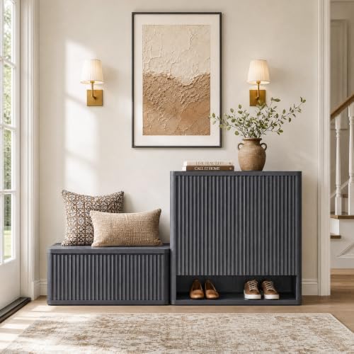 SICOTAS Storage Bench 80.4" Wide Shoe Bench with Lift Top Large Wooden S...