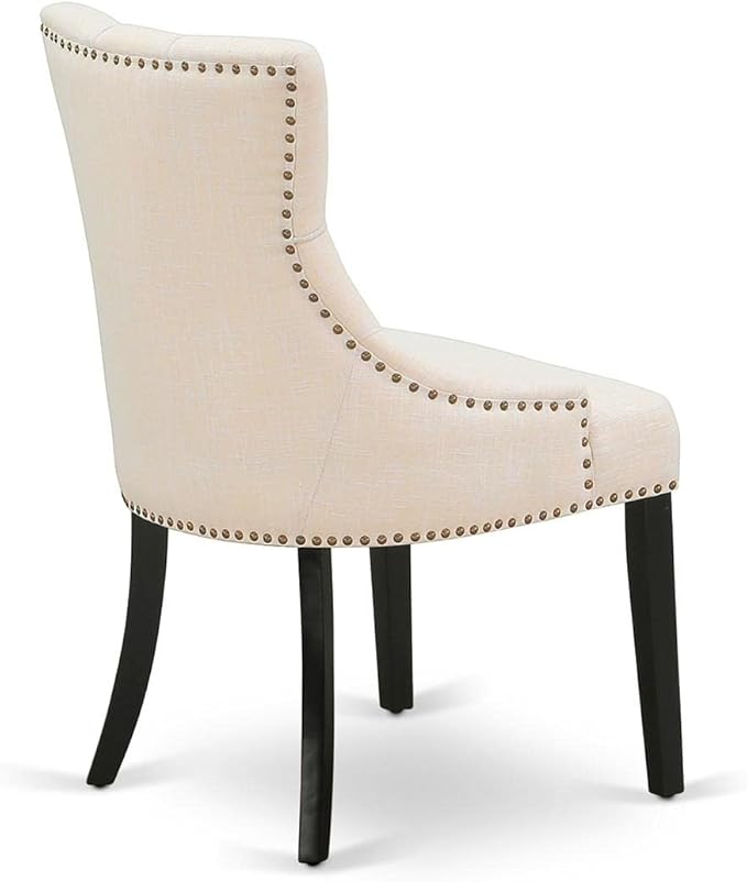 East West Furniture FRP1T02 Friona Parson Dining Room Chairs - Button Tufted Nailhead Trim Light Beige Linen Fabric Padded Chairs, Set of 2, Black