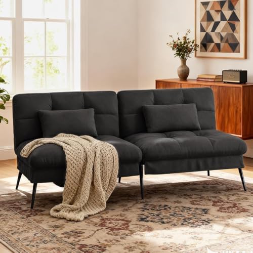 COMHOMA 72″ Convertible Futon Sofa Bed, Adjustable Backrest, Black | Breathab...