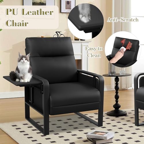 Black Accent Chair PU Leather Upholstered Armchair with Side Table