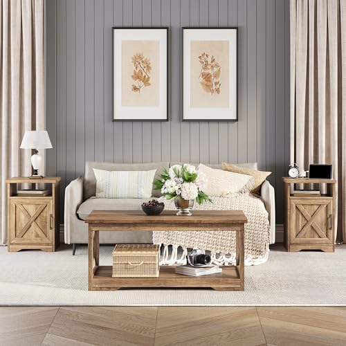 LUXOAK 3 Piece Living Room Table Set with Barn Door, Barnwood | Includes Coff...