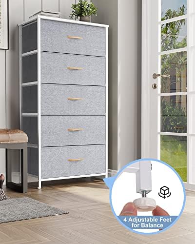 Tall Dresser, Wide Vertical Fabric Storage Organizer, 5 Drawer (Light Gray) | Sturdy Steel Frame, Wood Top and Easy Pull Handle, Space-saving Organizer for Clothes, Bedroom, Hallway, Entryway, Closets
