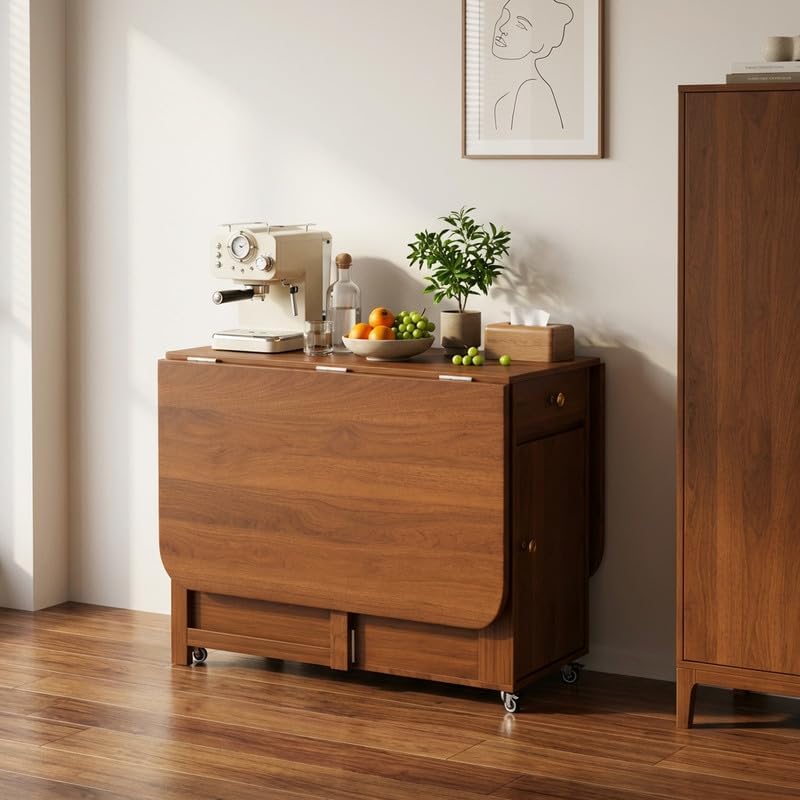 Extendable Drop Leaf Folding Dining Table with 2 Hidden Storage Drawers and 4...
