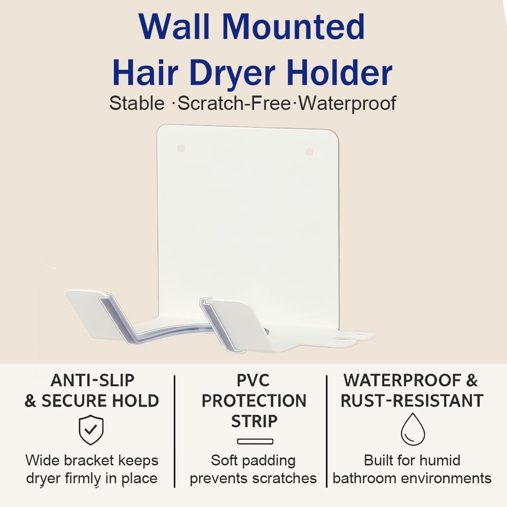 Hair Dryer Holder, Blow Dryer Holder Wall Mounted Hair Tool Organizer Self Adhesive Hair Dryer Holder Wall Mount, Compatible for Hair Dryer Holder for Bathroom White PTALSEAW