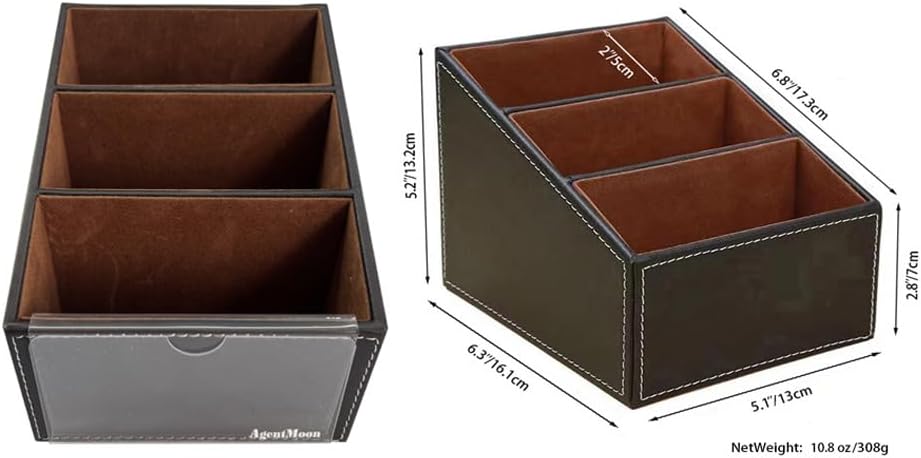 AgentMoon 2-piece Set Remote Control Holder,3-Compartment Gradient Desk Organizer,PU Leather Outside Storage Box with Suede Imitation Lining. 6.3x5.1x5.2 inches,10.8oz/308g(Brown 2PCS)