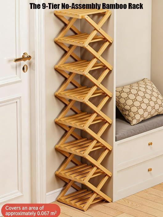 The 9-Tier No-Assembly Bamboo Rack, 2026 New 9 Tier Bamboo Shoe Rack, Bamboos Shoes Storage Racks, Foldable Vertical Organizer for Entryway, Closet, Bedroom, Small Spaces (Brown 9 Tier)