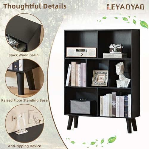 LEYAOYAO Cube Bookshelf, Mid-Century Modern Book Shelf with Legs, Black