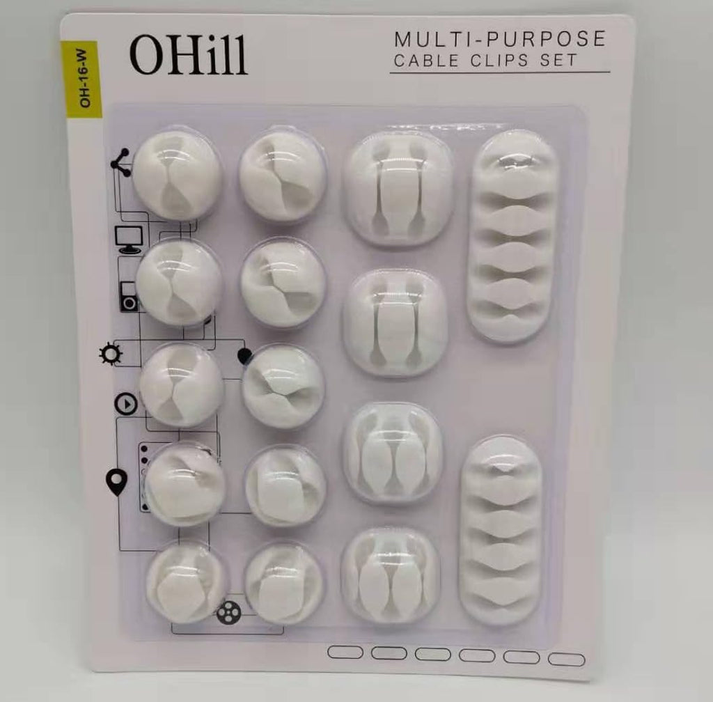 OHill Desk Cable Management Cord Organizer, 16 Pack White Self Adhesive Cord Holder Cable Clips, Ideal Cable Organizer Wire Keeper for Desk, Nightstand, Phone Charger, Computer, Home, Office, Car