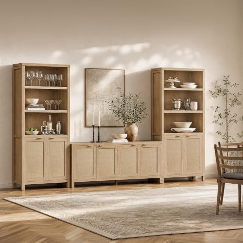 SICOTAS 71" Tall Bookcase 5 Tier Rattan Bookshelf with Doors for Library
