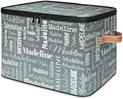 Personalized Name Storage Basket, Custom Keepsake Box, Grey Green | Foldable Fabric Gradient Large Memory Bin with Handle Lid Lightweight Waterproof Dustproof, 14"L x 10.2"W x 10.4"H