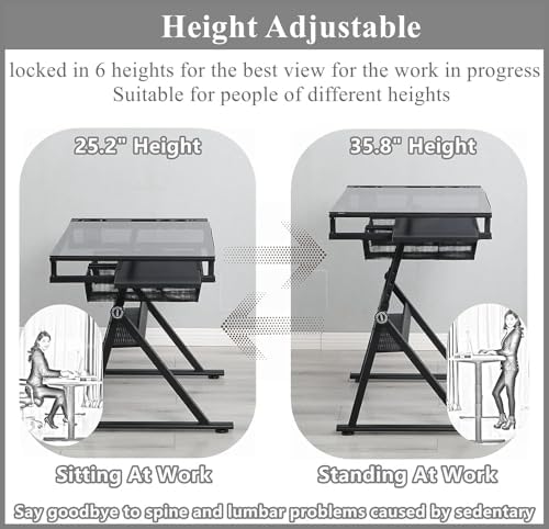 Drafting Table for Artists, Glass Drawing Table with Stool,T1-Black
