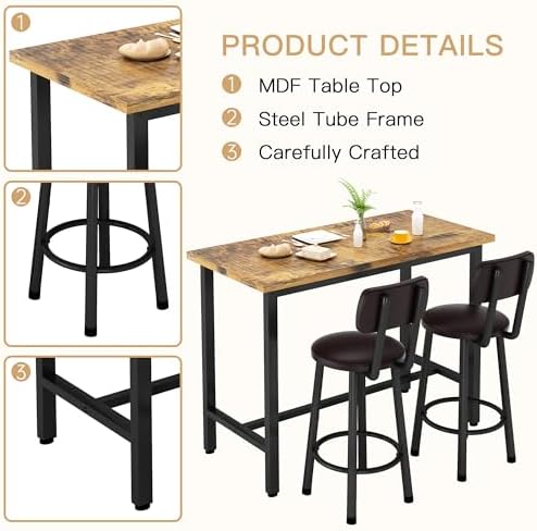 3 Piece Bar Table and Chairs Set for 2, Counter Height Rectangular Pub Dining...
