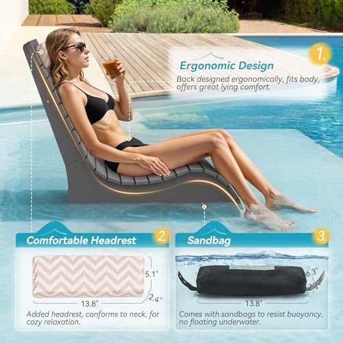 Pool Chairs Set of 2, Fade-Proof for Shallow Water with Headrest | Anti-Floating Pool lounge chairs fit 8–10in baja shelf, tanning chair, all-weather HDPS frame, non-slip build, up to 330 lbs
