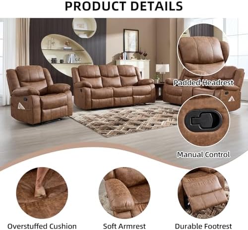EBELLO 3 Pieces Faux Leather Recliner Sofa Furniture Set, Includes a Manual R...