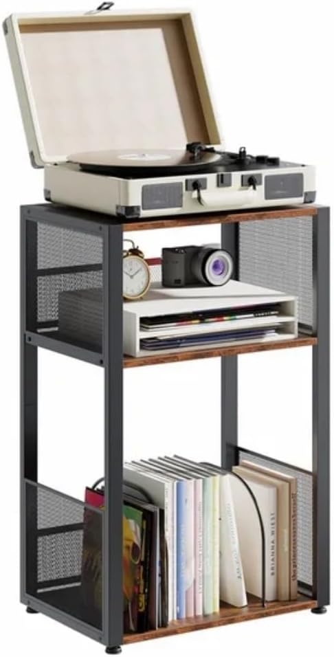 3 Tier Wooden End Table with Vinyl Storage Up to 100 Albums, Record Player St...