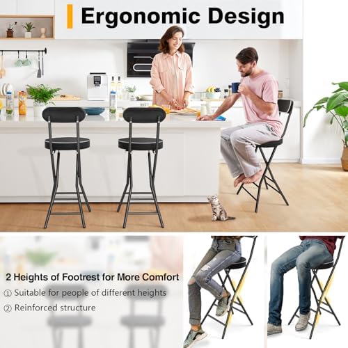 Folding Stool with Back Support, 24 Inch Portable Collapsible Bar Stool