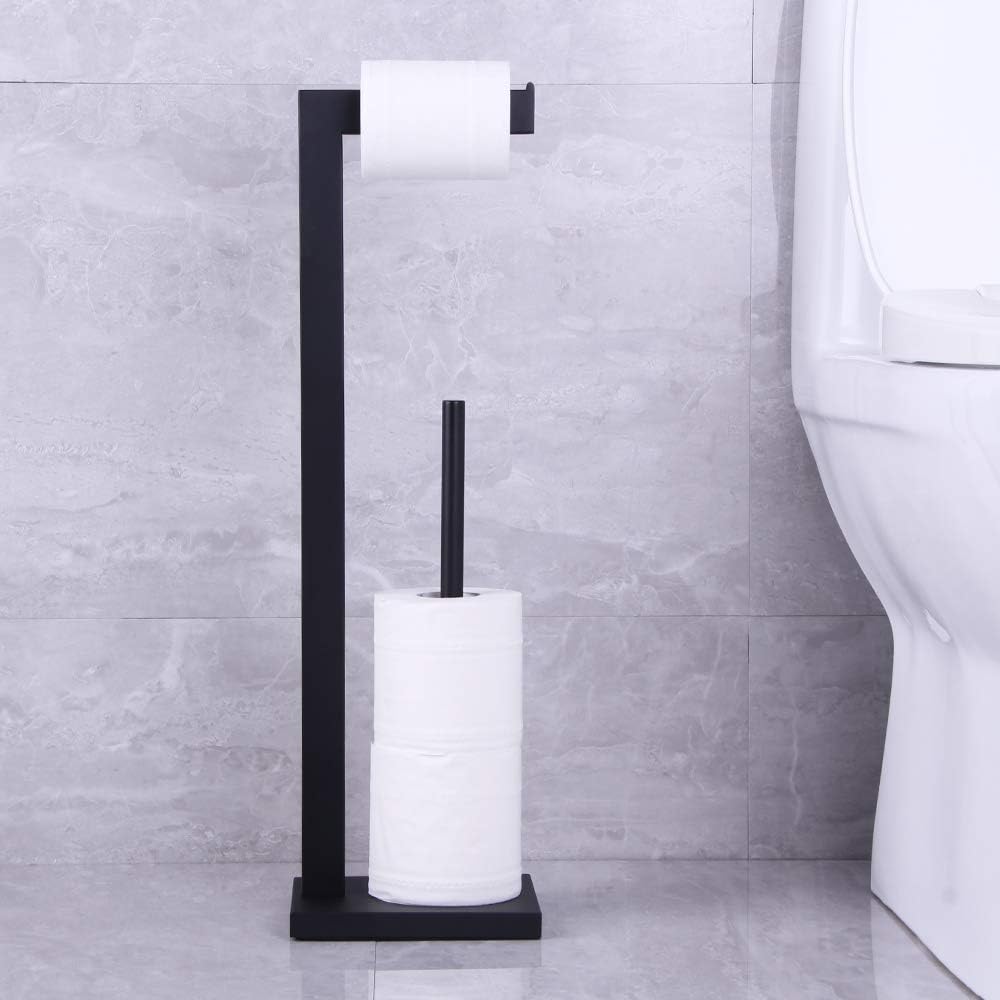 Matte Black Toilet Paper Holder Stand Toilet Paper Roll Holder with Shelf Reserve Free Standing Portable Tissue Storage Organization