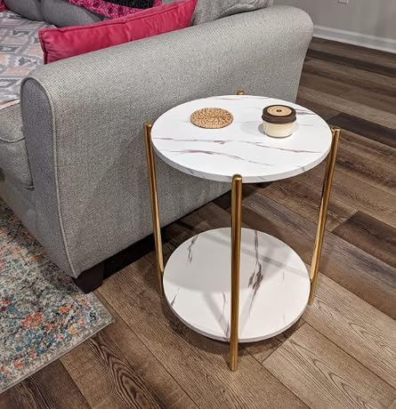 Gold End Table, Faux Marble Side Table, 2-Tier Small Round Nightstand for Bed...