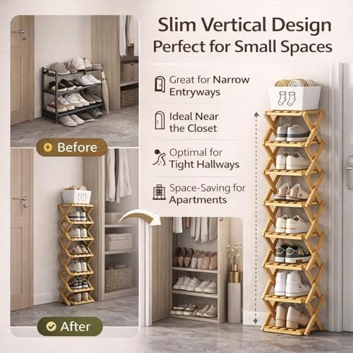 GDSAFS 2-9 Tier Bamboo Shoe Rack, 2026 New Sturdy Foldable Shoe Organizer, High-Capacity No-Assembly Vertical Storage with Anti-Slip Base for Hallway, Bedroom, Corner, Kids' Room (Brown,9 Layers)