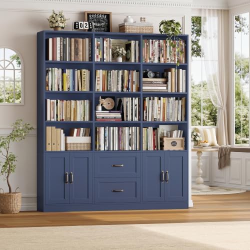 HOSTACK 71" Tall Triple Wide Bookshelf with Storage Drawers & Doors,...