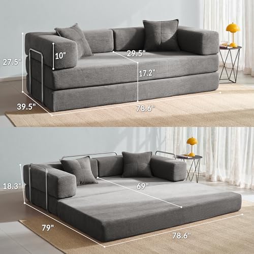 YINIX Foldable Sofa Bed, 78'' Folding Floor Couch, Compressed Convert...