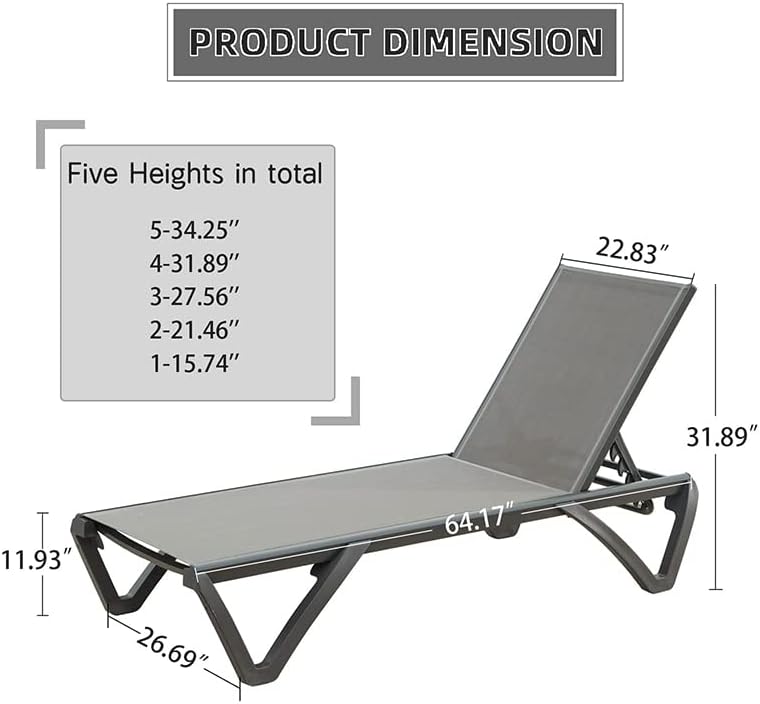 Domi Pool Lounge Chairs, Aluminum Patio Chaise Lounge Set of 2, 5 Position Ad...
