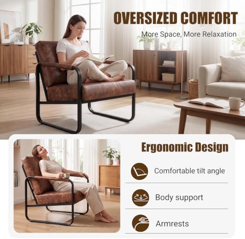 PrimeZone Faux Leather Mid-Century Modern Accent Chair, Brown