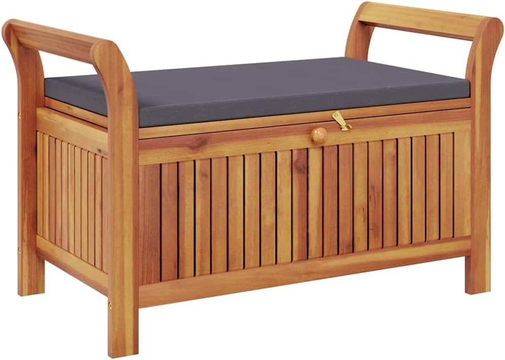 Outdoor Storage Bench with Cushion, Acacia Wood Garden Entryway Seating with ...