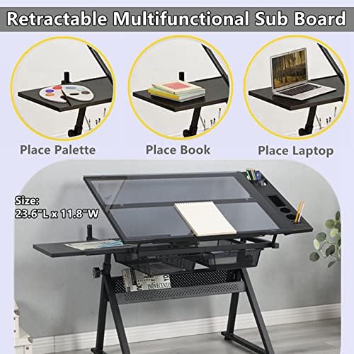 Drafting Table for Artists, Glass Drawing Table with Stool,T1-Black