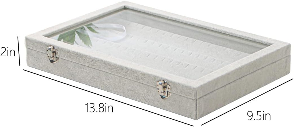 Coward Earring Organizer Tray Box, Grey Beige Velvet Earring Jewelry Display Storage Tray Case with Transparent Glass Lid for Home Drawer or Shop Selling
