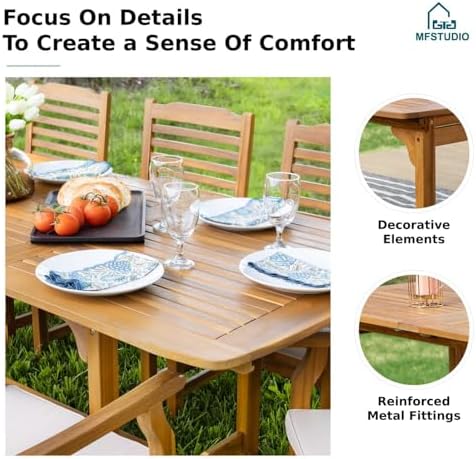 MFSTUDIO 9pc Outdoor Dining Set, Expandable Wood Table w/Umbrella Hole