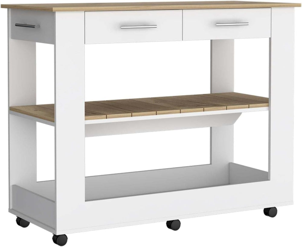 Kitchen Island with Drawers and Shelves, White/Light Oak | Includes two drawe...