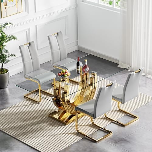 HomVent 70''Rectangle Glass Dining Table Set Glass Kitchen Table Set for 4 | Glass Kitchen Table Chairs Set for 4 with Leather Chairs for Kitchen Dining Room,Glass Dining Room Table Set for Home